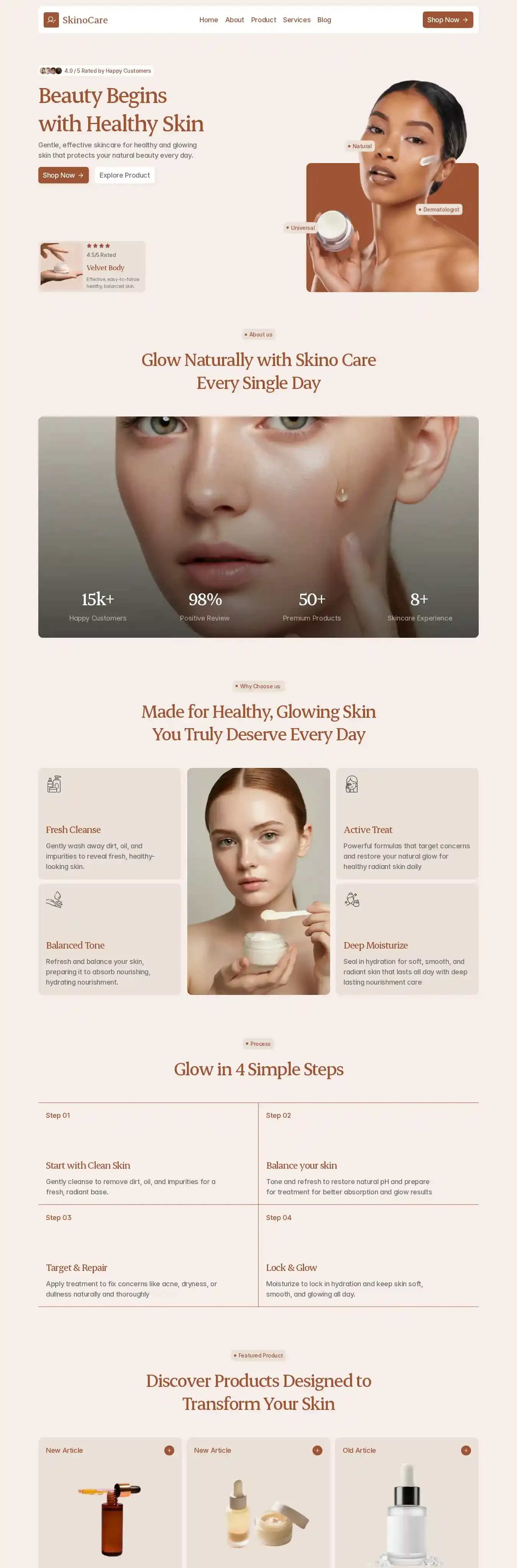 Skinocare home page on desktop