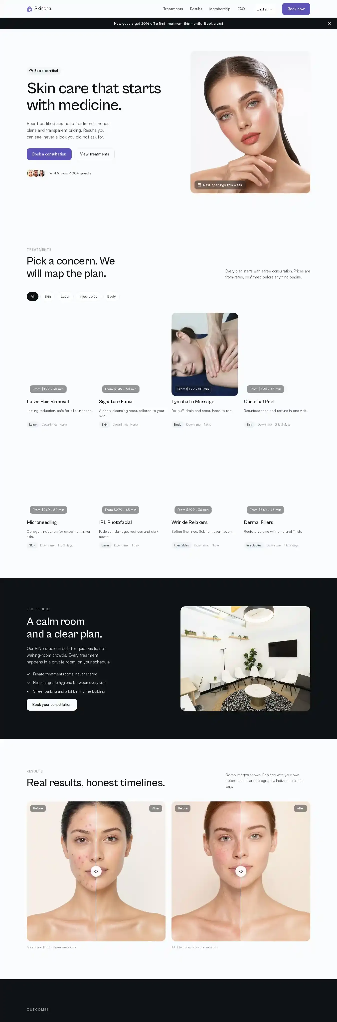 Skinora home page on desktop