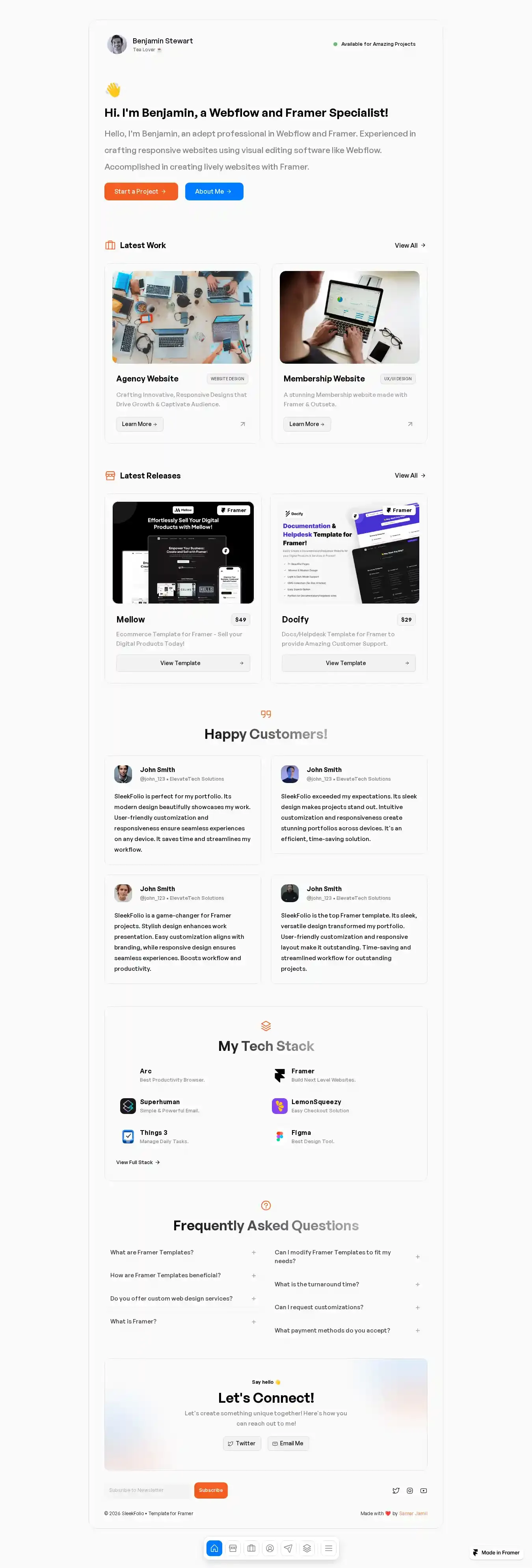 SleekFolio home page on desktop
