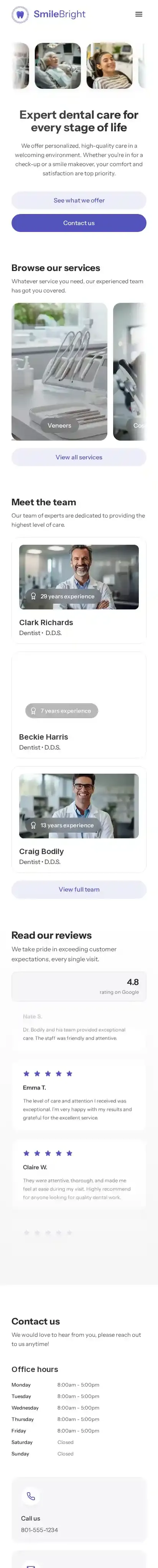 SmileBright home page on mobile