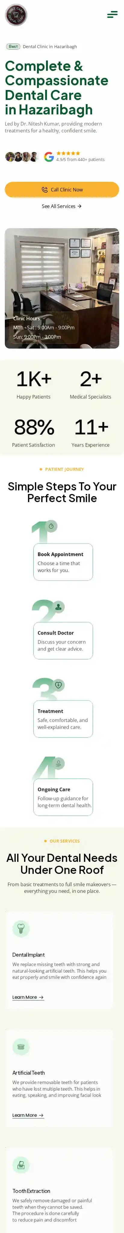 SmileCaretemp home page on mobile