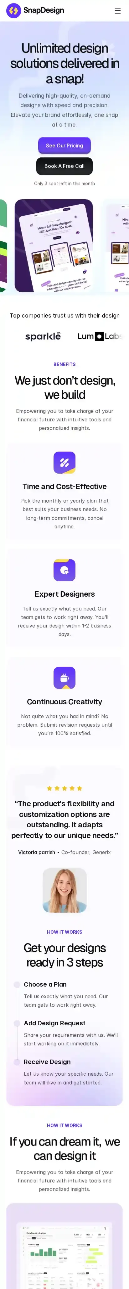 SnapDesign home page on mobile