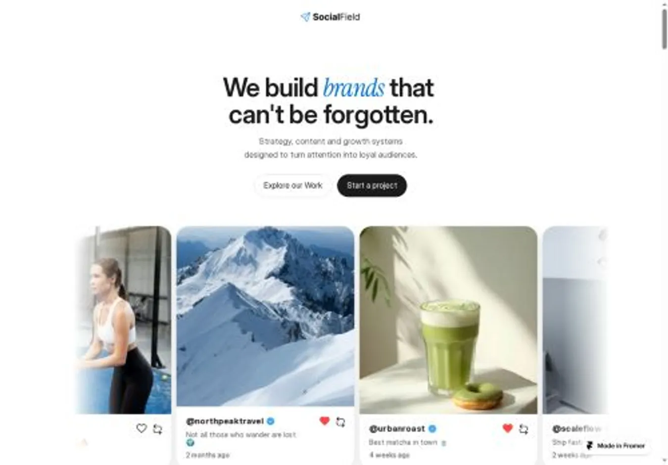 SocialField home page on desktop