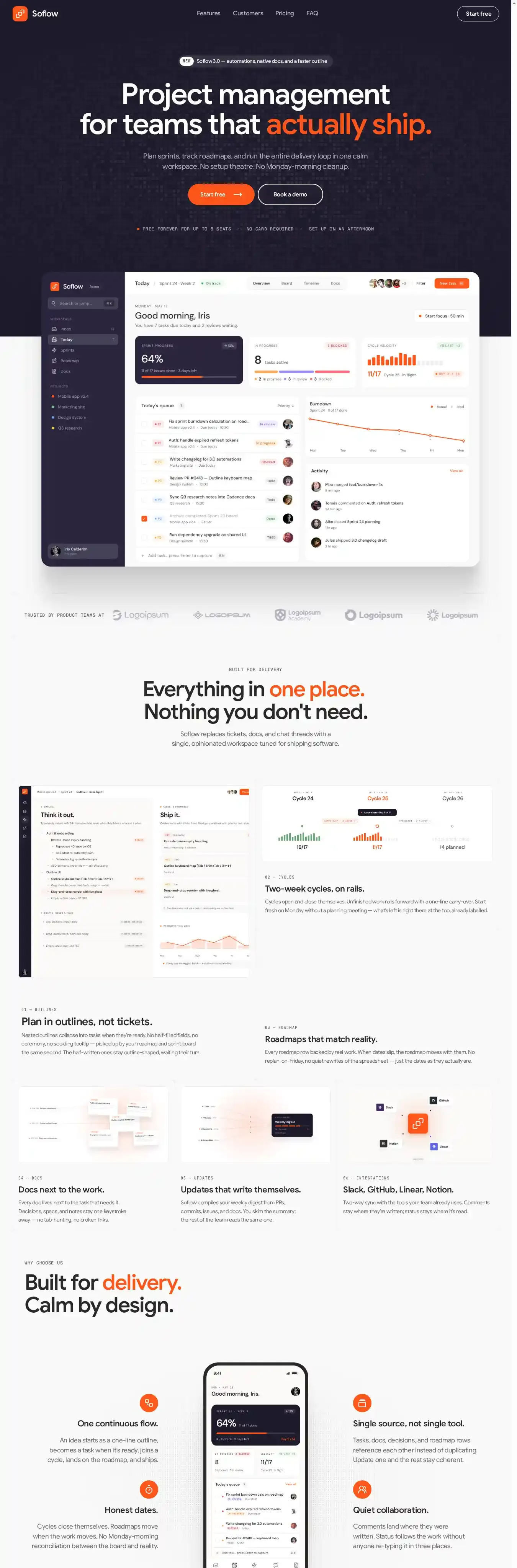 Soflow home page on desktop