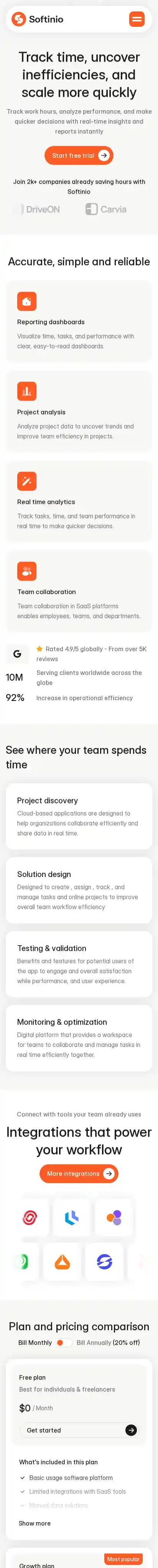 Softinio home page on mobile