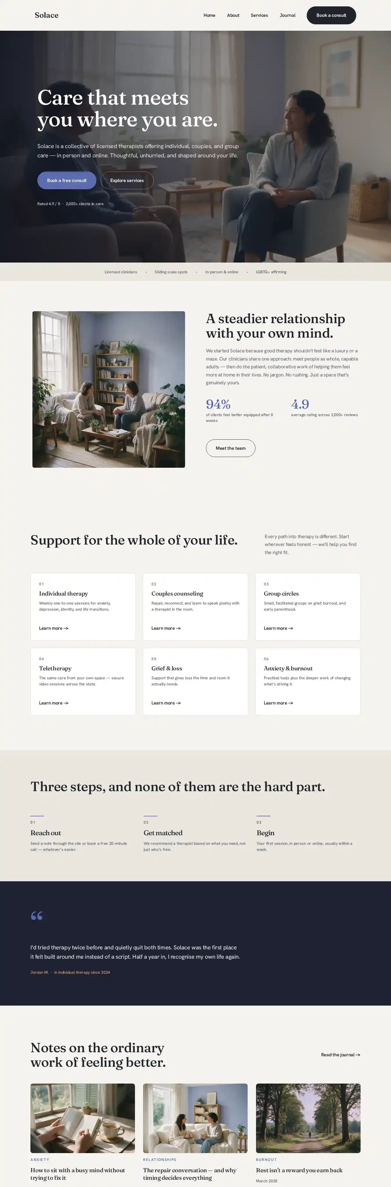 Solace Therapist home page on desktop