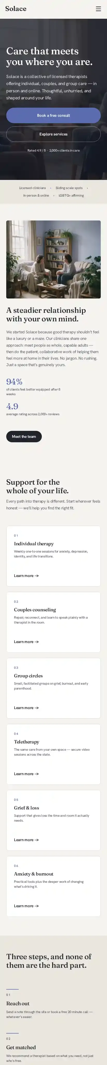 Solace Therapist home page on mobile