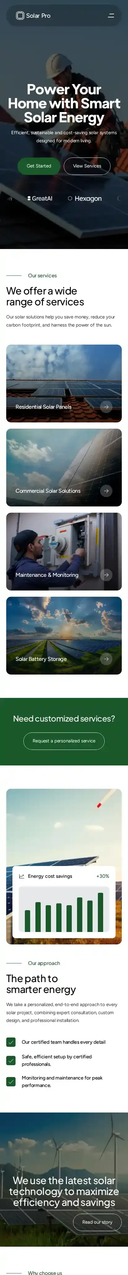 Solar Pro home page on mobile