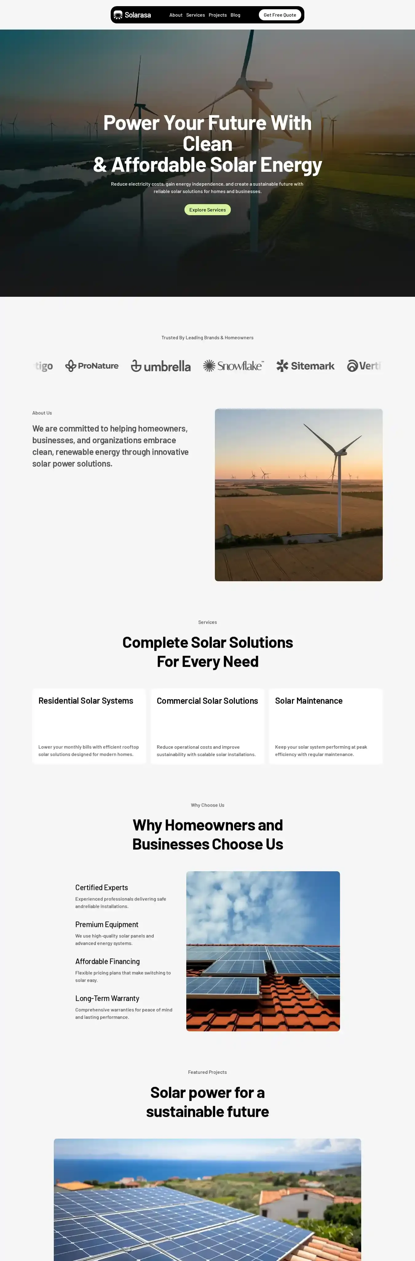 Solarasa home page on desktop