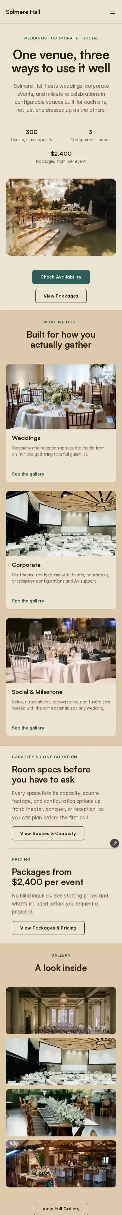 Solmere Hall home page on mobile