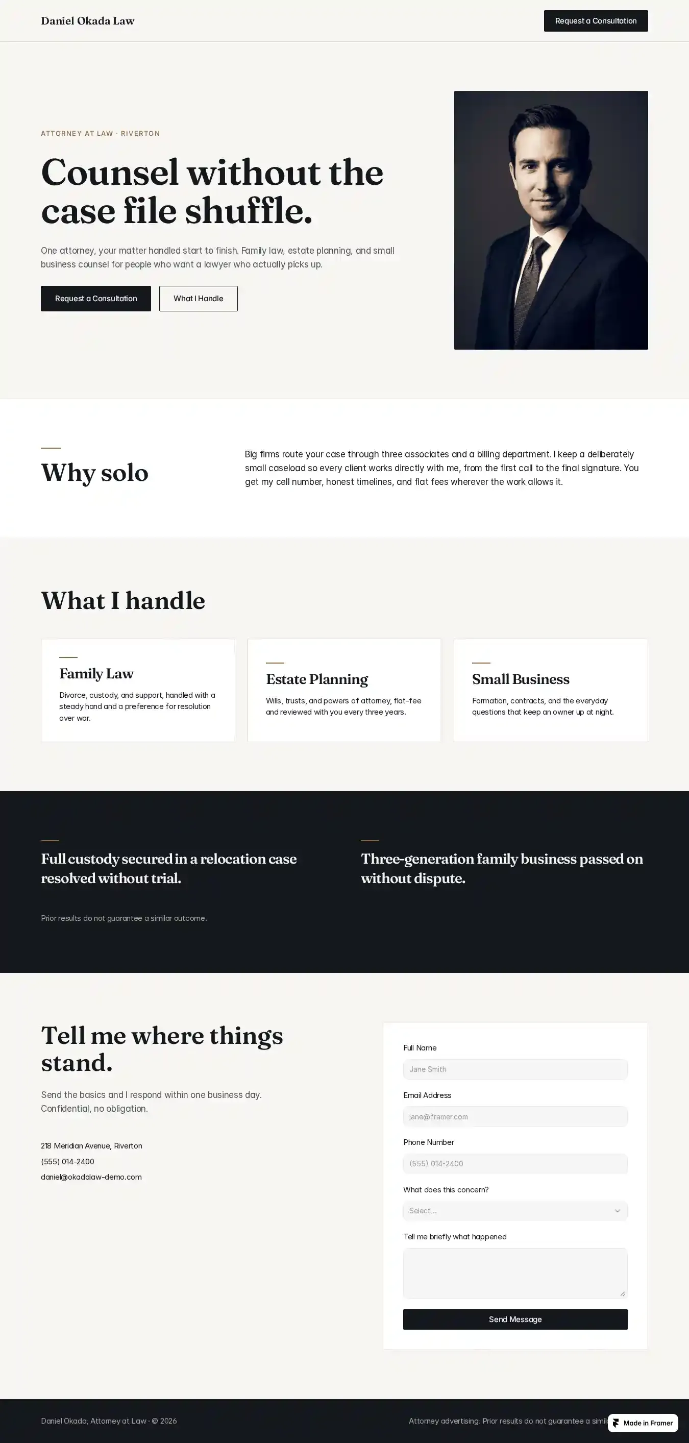 Solo Counsel home page on desktop