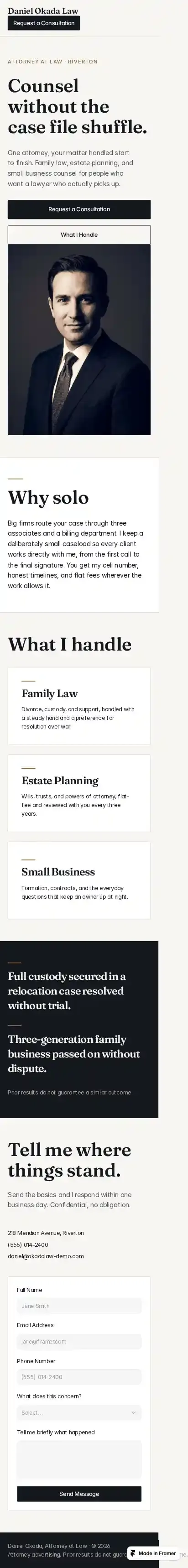 Solo Counsel home page on mobile