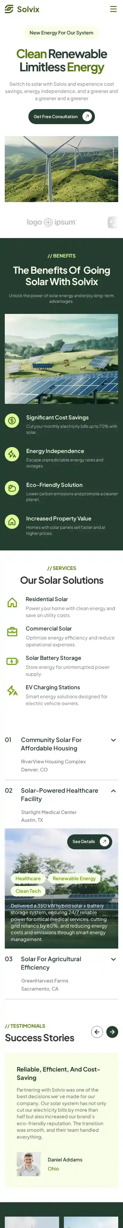 Solvix Solar home page on mobile