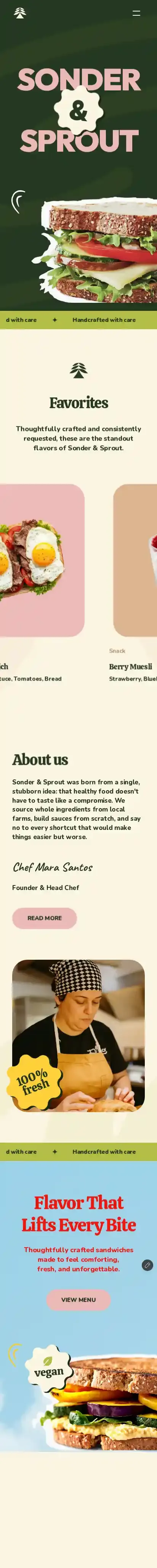 Sonder & Sprout home page on mobile