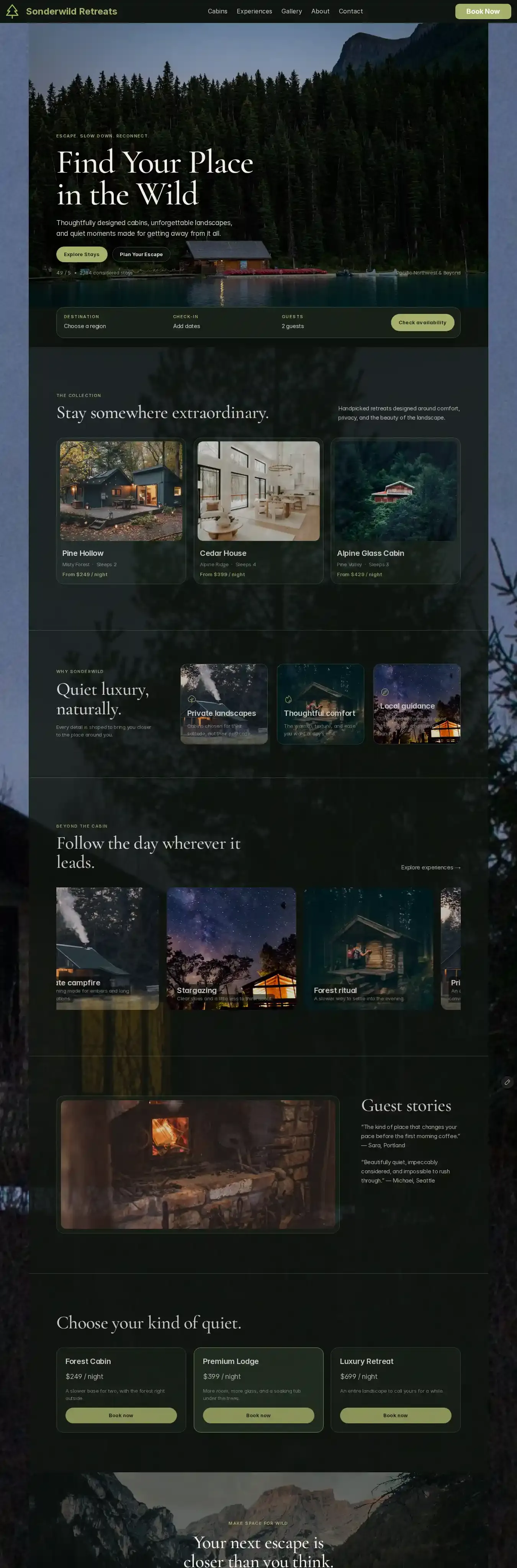 Sonderwild Retreats home page on desktop