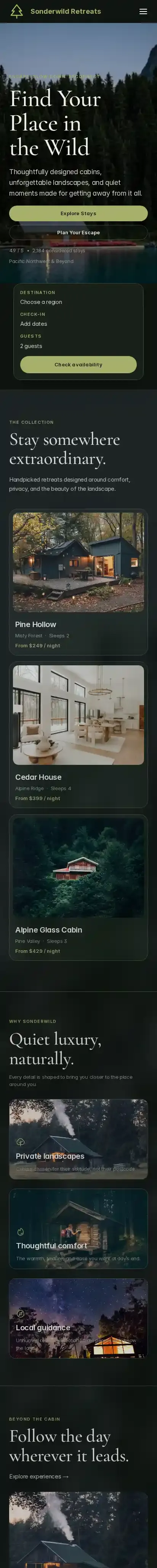 Sonderwild Retreats home page on mobile