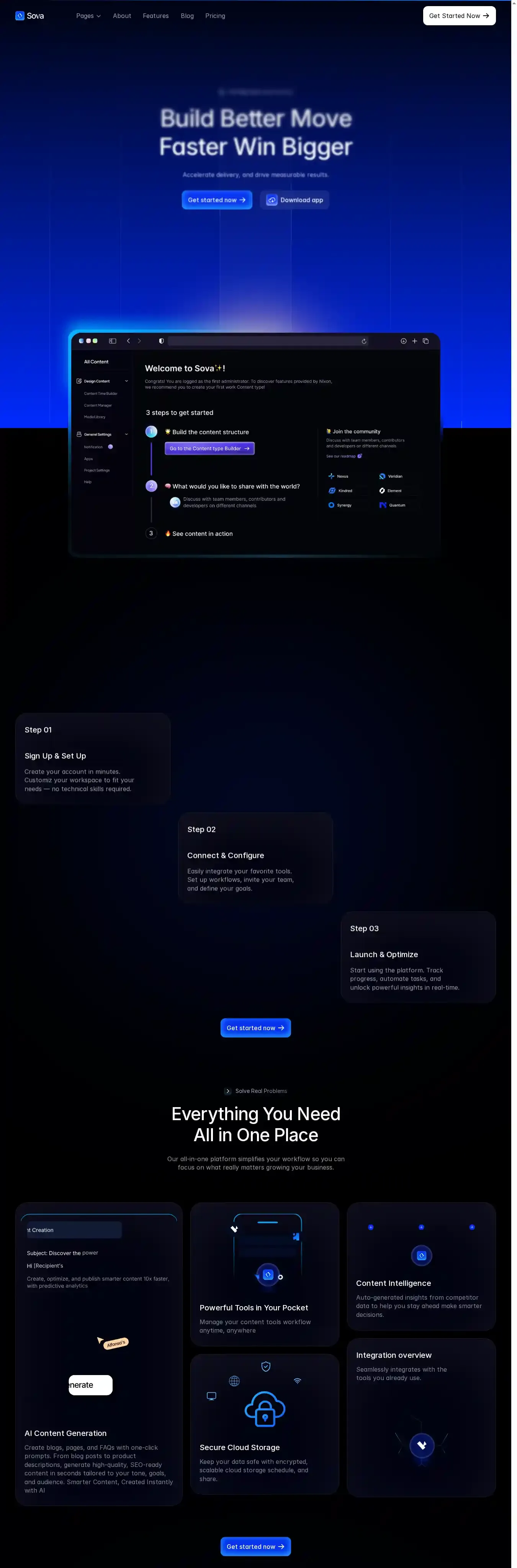 Sova X home page on desktop