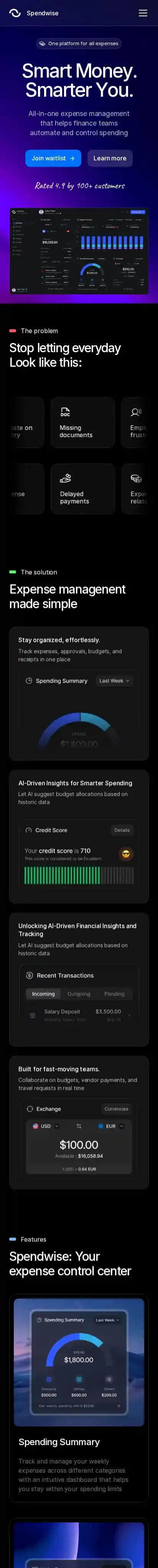 Spendwise home page on mobile