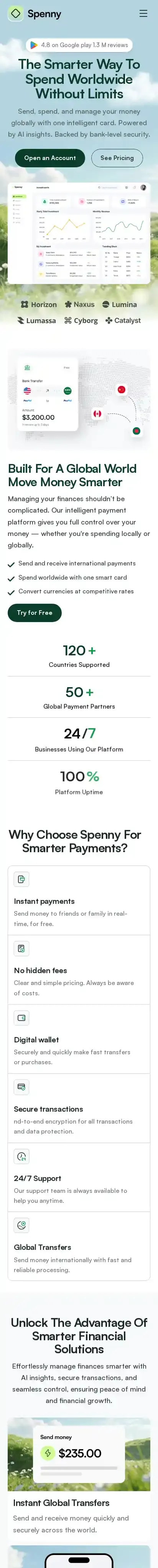 Spenny home page on mobile