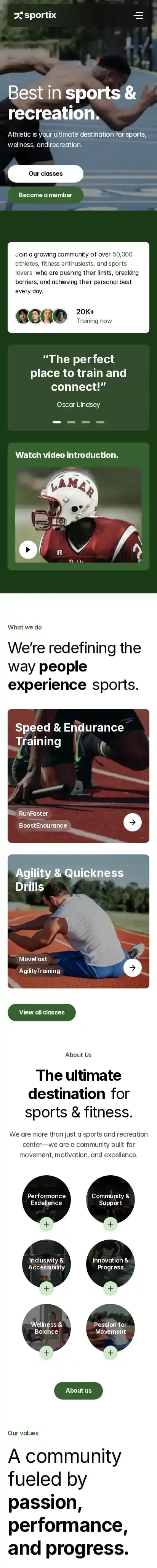 Sport Facilities home page on mobile