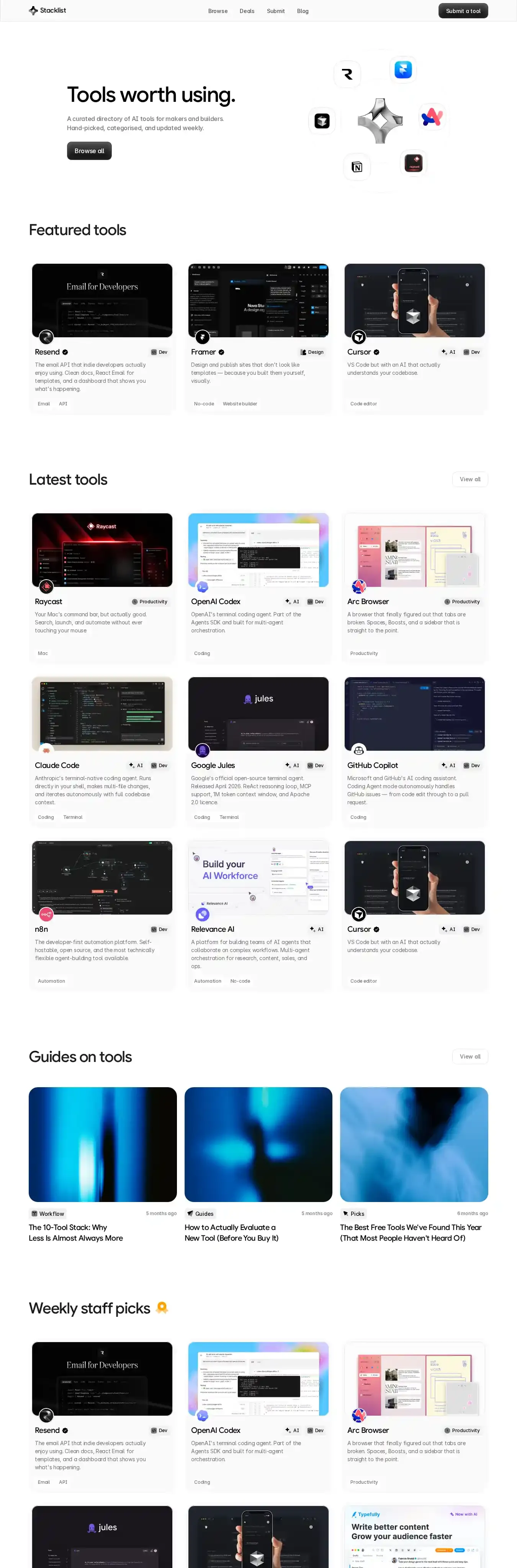 Stacklist home page on desktop