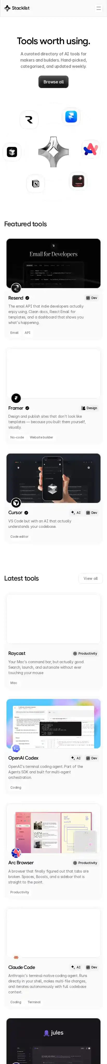 Stacklist home page on mobile
