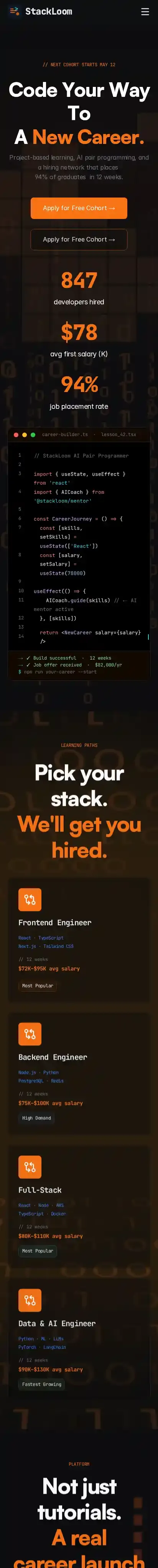 StackLoom home page on mobile