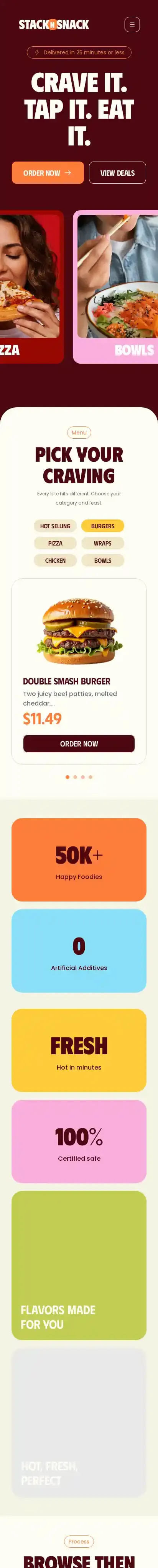 StacknSnack home page on mobile