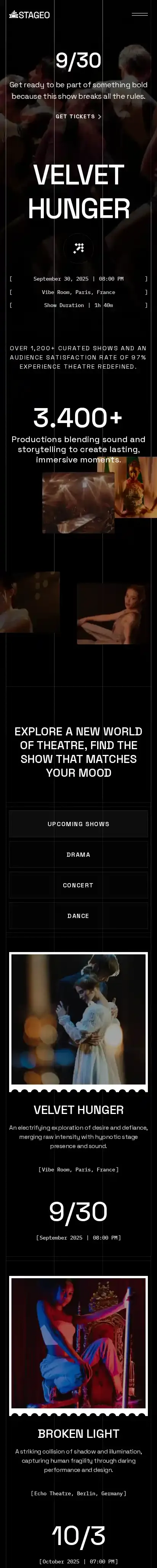 Stageo home page on mobile