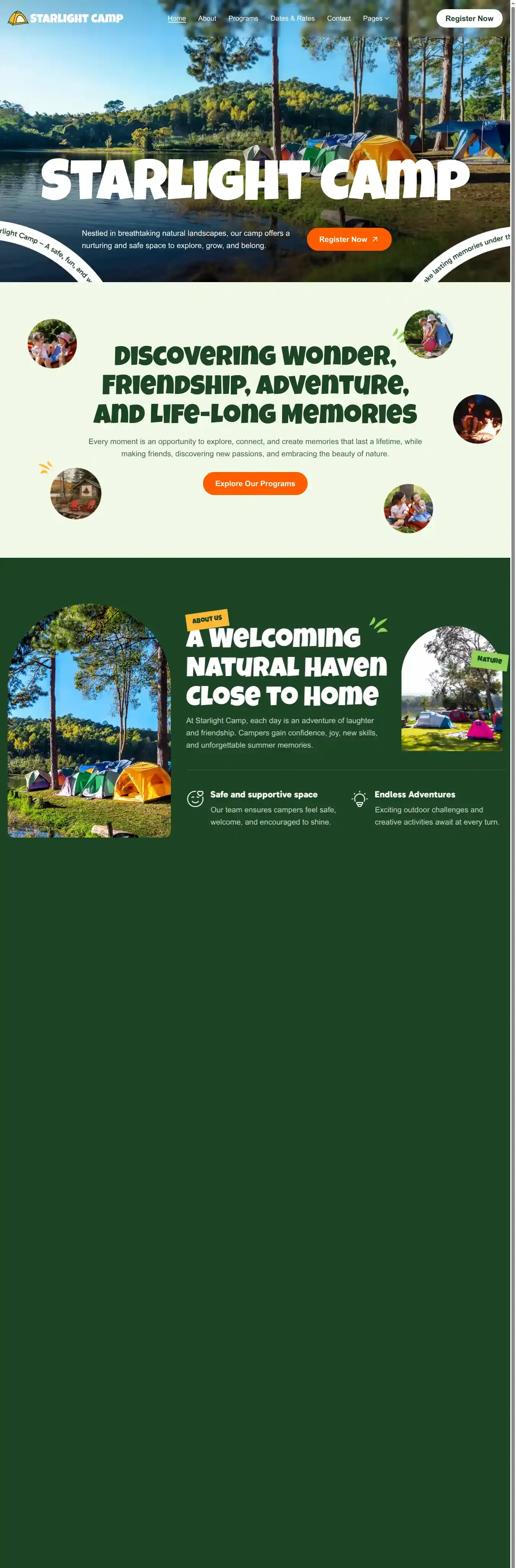 Star Camp home page on desktop