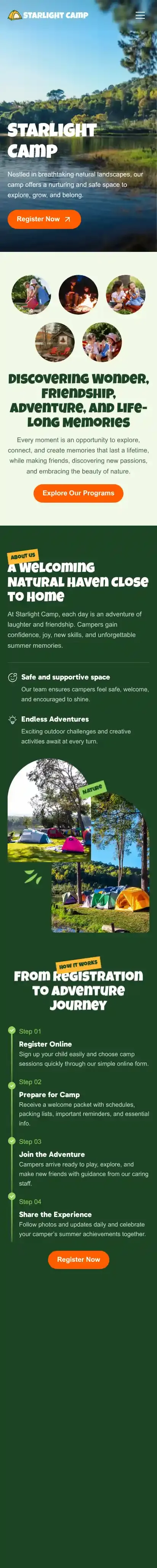 Star Camp home page on mobile