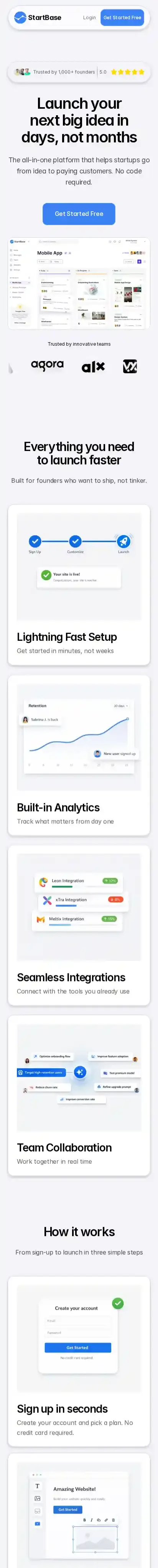 StartBase home page on mobile