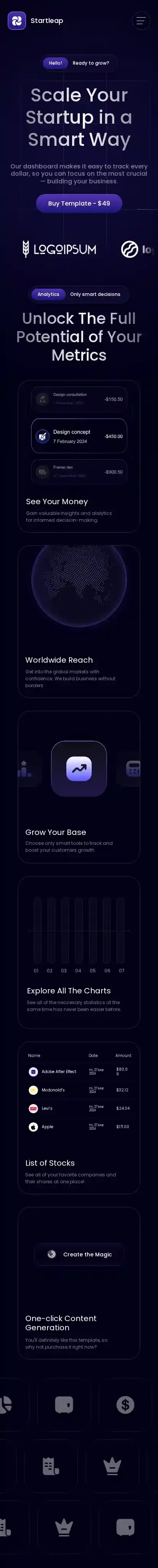 Startleap home page on mobile