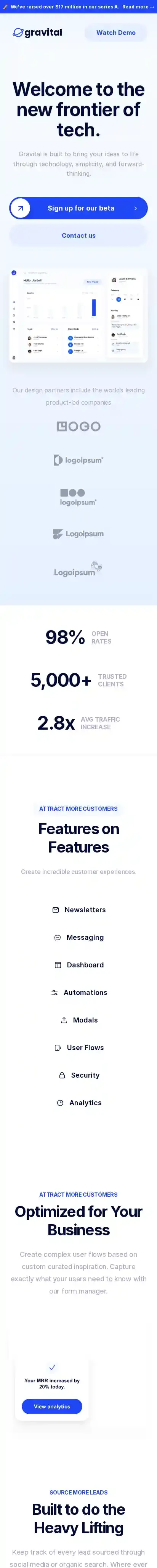 Gravital home page on mobile