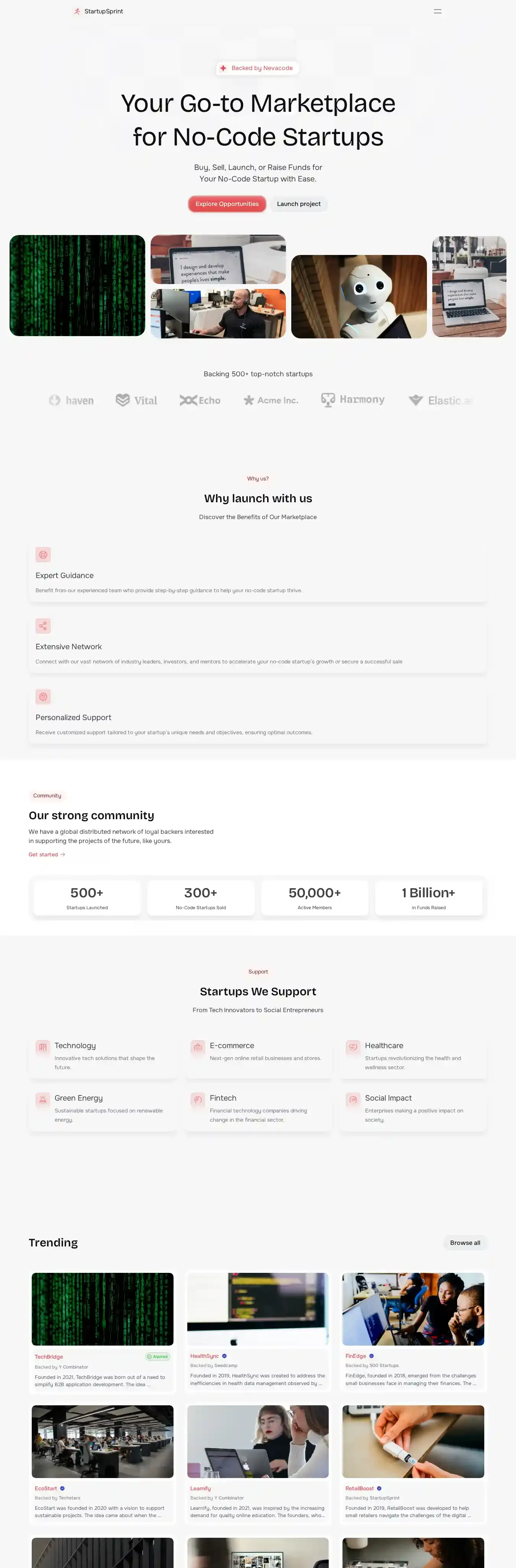 StartupSprint home page on desktop
