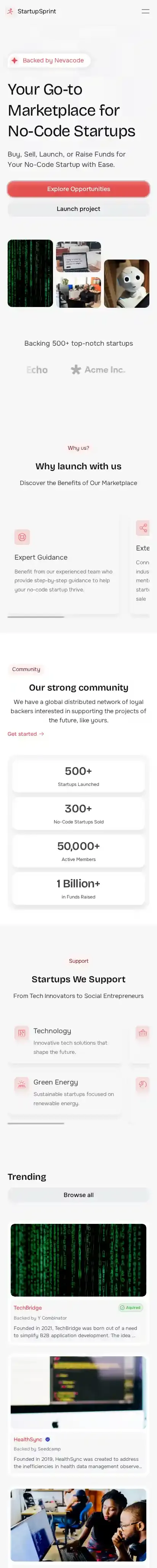 StartupSprint home page on mobile
