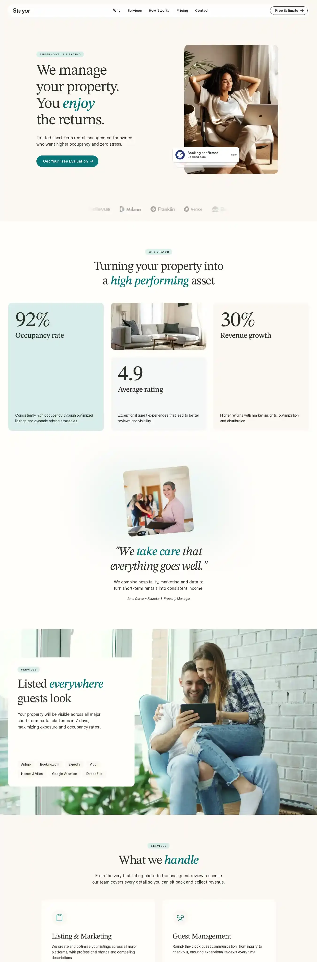 Stayor home page on desktop