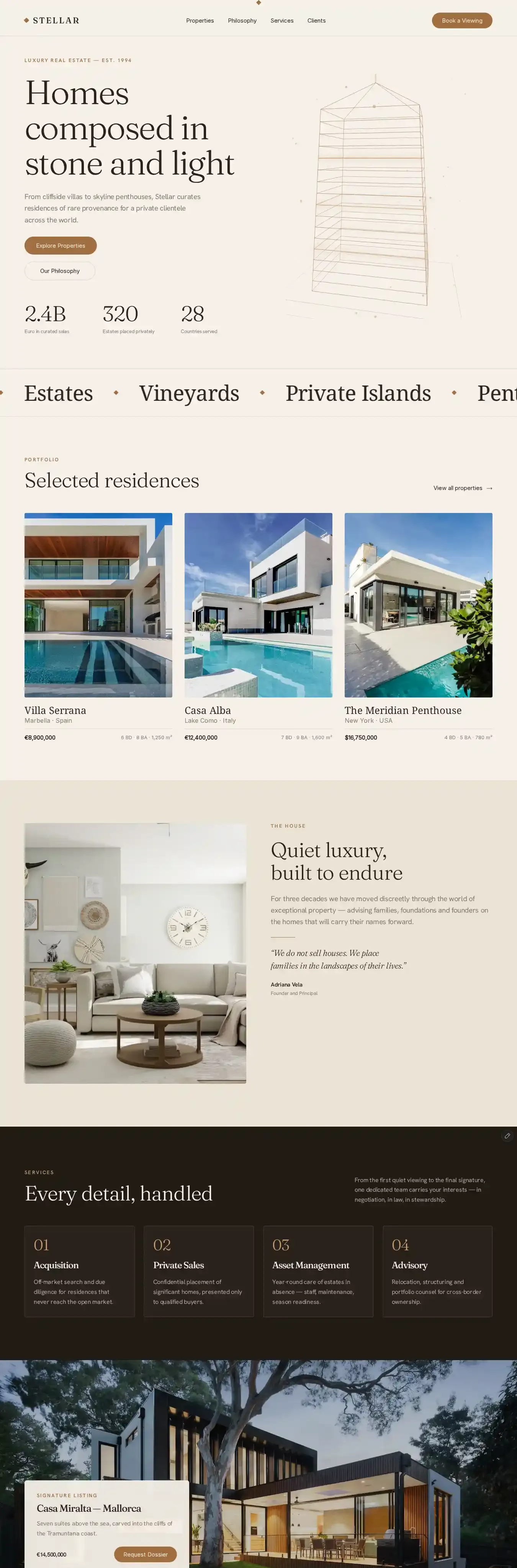 Stellar — Luxury home page on desktop