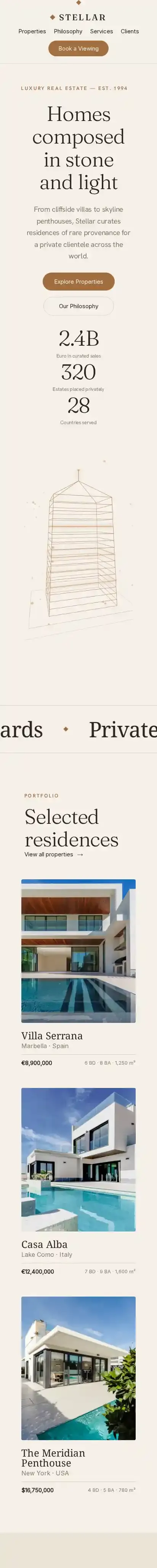 Stellar — Luxury home page on mobile