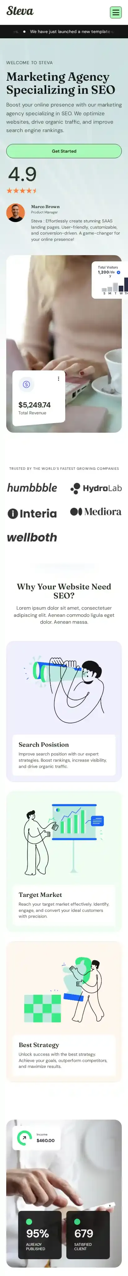 Steva home page on mobile