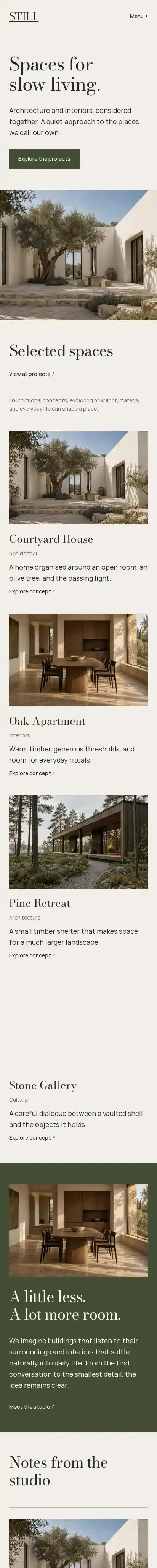STILL Atelier home page on mobile