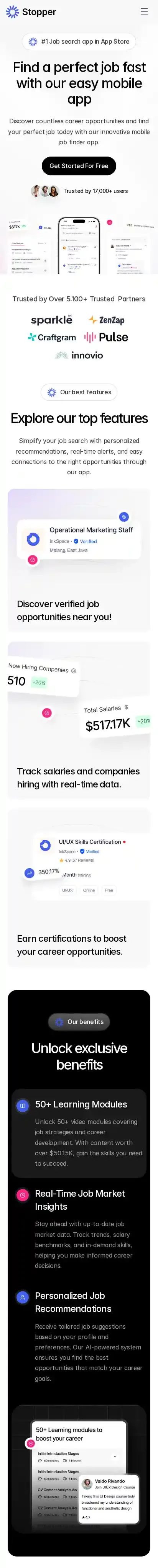 Stopper home page on mobile