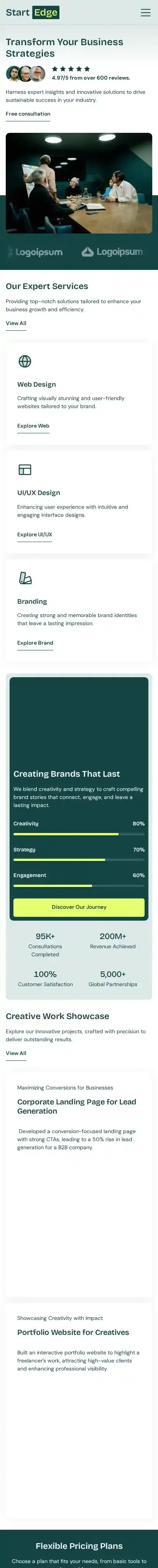 StratEdge home page on mobile