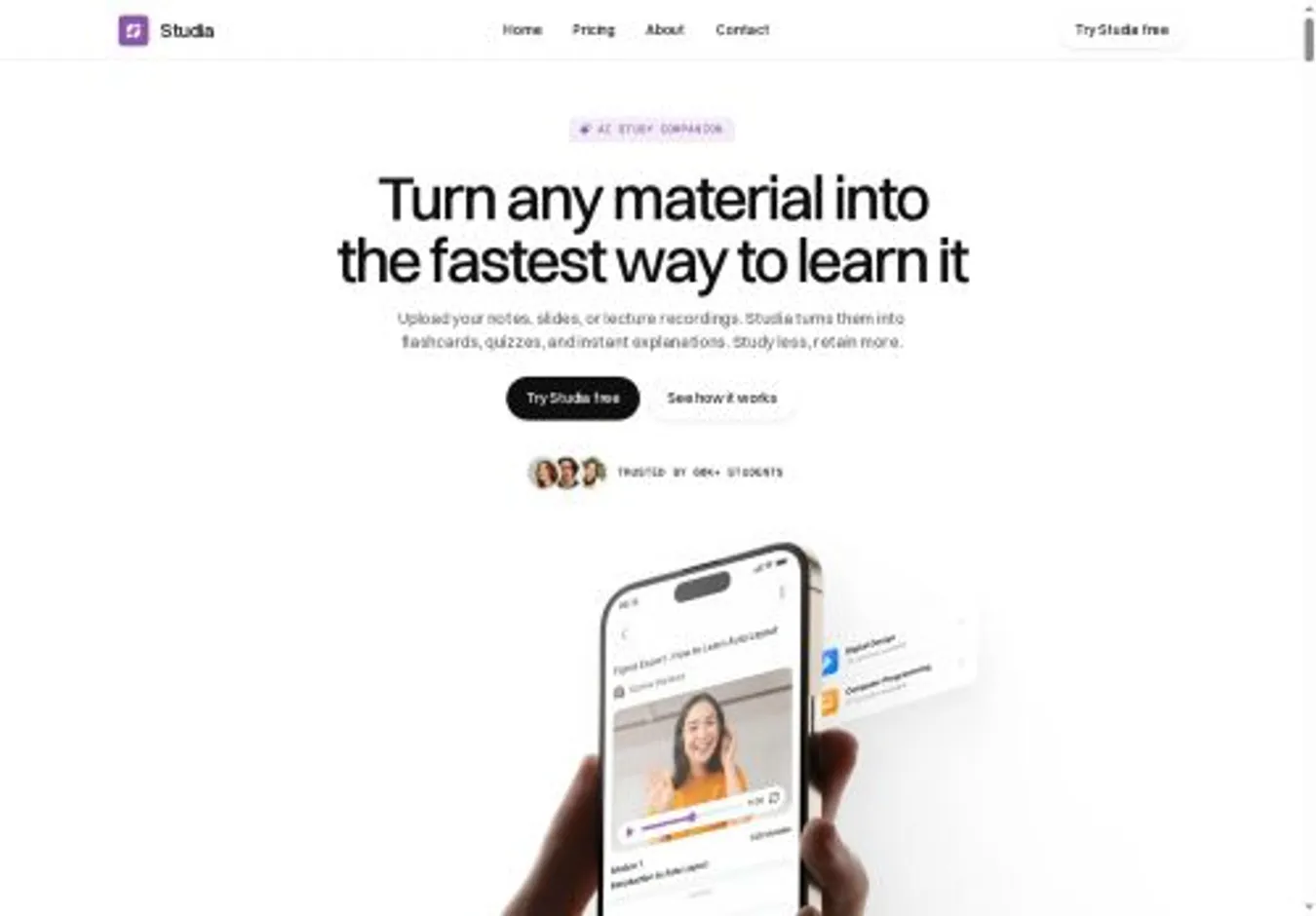 Studia home page on desktop