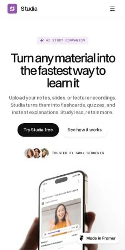 Studia home page on mobile