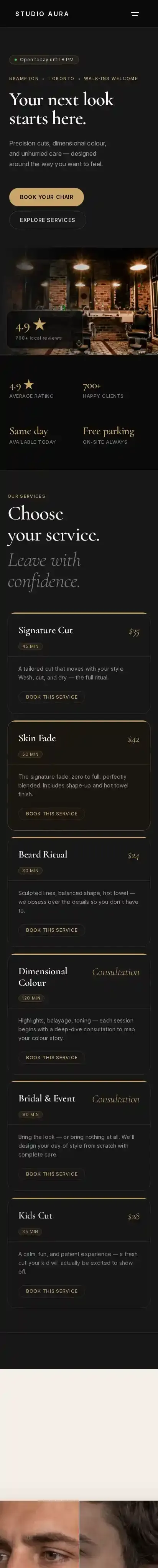 Studio Aura - Salon home page on mobile