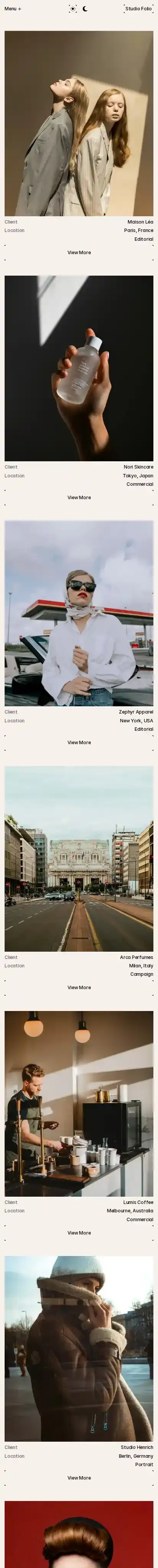 Studio Folio home page on mobile