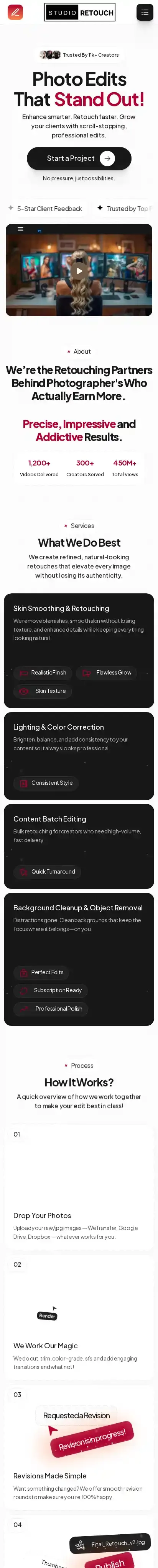Studio Retouch home page on mobile