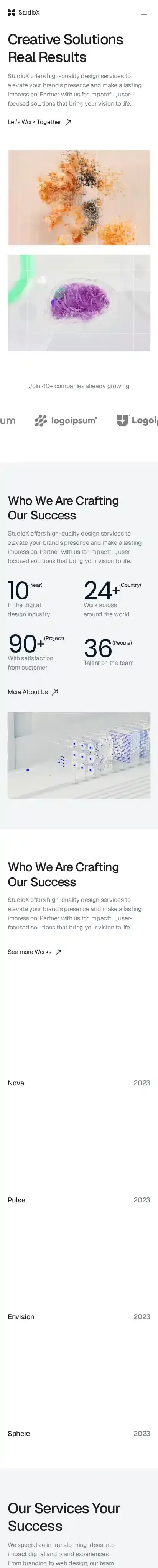 Studio home page on mobile