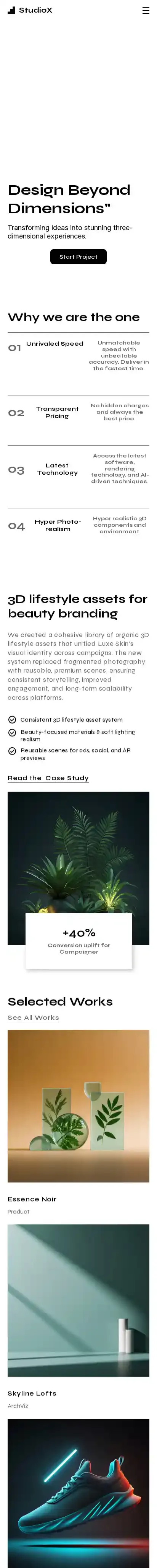 Studio3D home page on mobile
